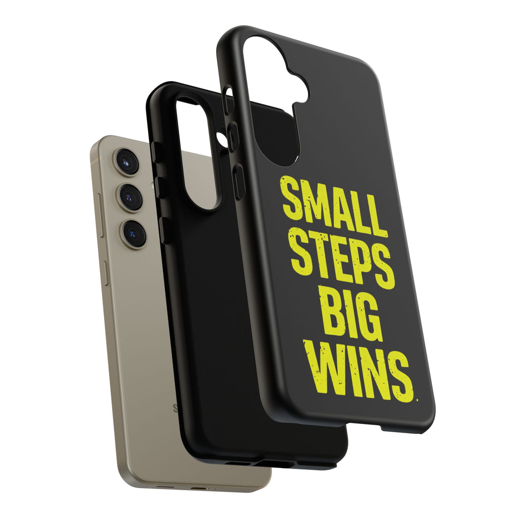 Small Steps Big Wins Motivational Phone Case, Inspirational Quote iPhone Case, Tough Samsung Galaxy Case, Minimalist Black Success Cover