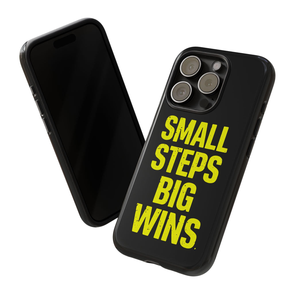 Small Steps Big Wins Motivational Phone Case, Inspirational Quote iPhone Case, Tough Samsung Galaxy Case, Minimalist Black Success Cover