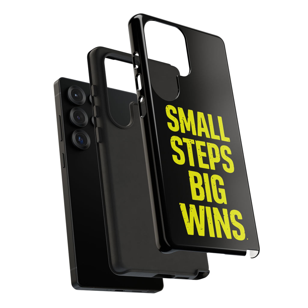 Small Steps Big Wins Motivational Phone Case, Inspirational Quote iPhone Case, Tough Samsung Galaxy Case, Minimalist Black Success Cover