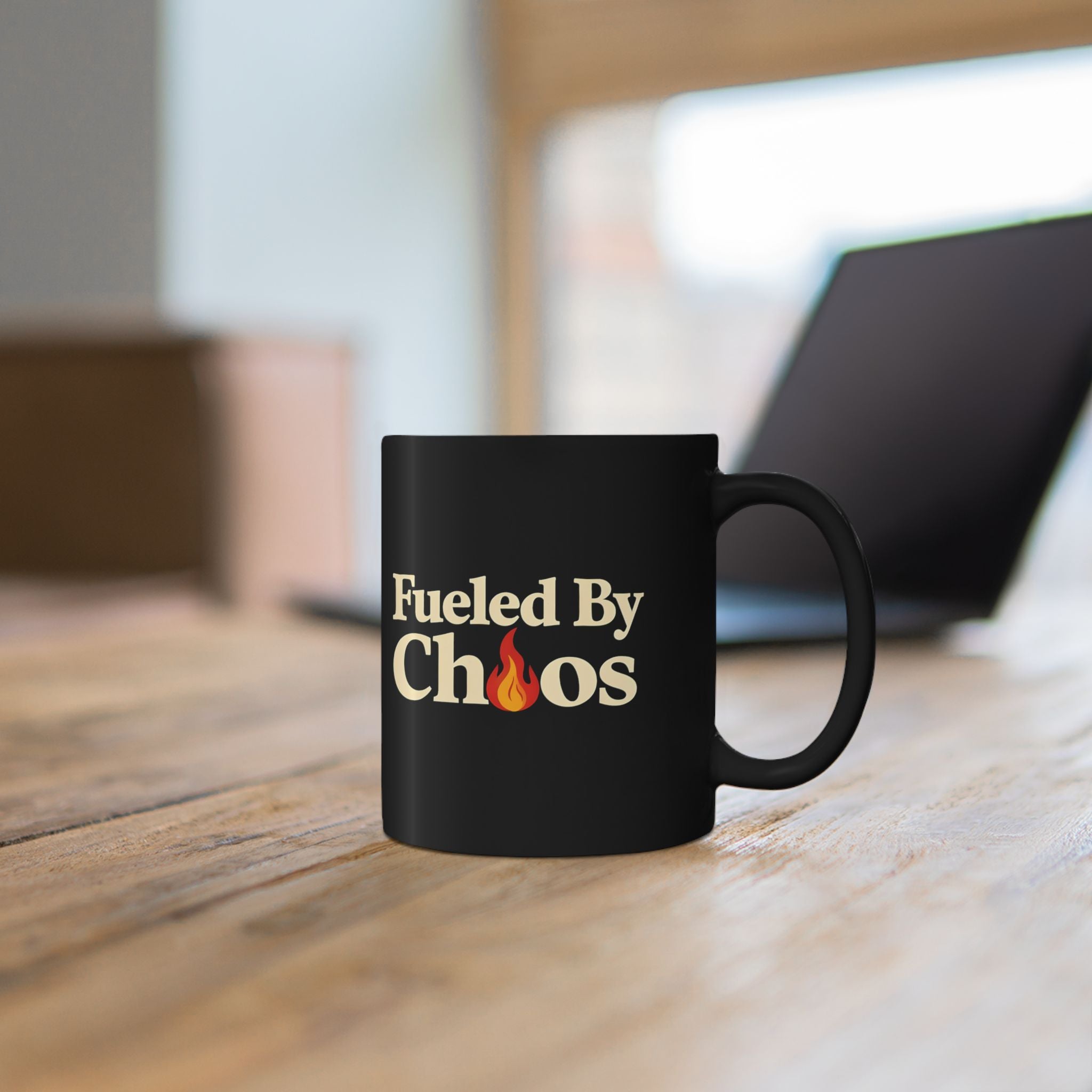Fueled By Chaos Black Ceramic Mug | Aesthetic Coffee Cup for Entrepreneurs & Busy Lifestyles (11oz, 15oz)