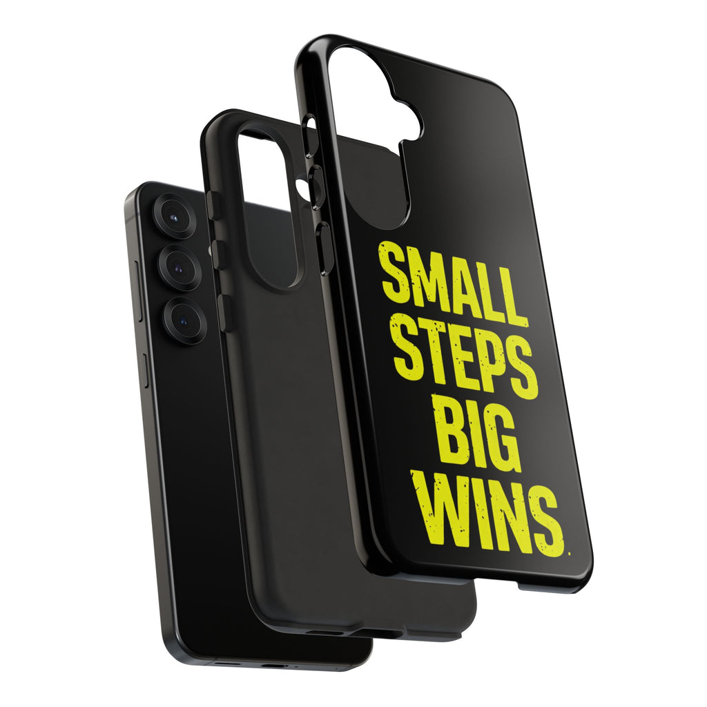 Small Steps Big Wins Motivational Phone Case, Inspirational Quote iPhone Case, Tough Samsung Galaxy Case, Minimalist Black Success Cover