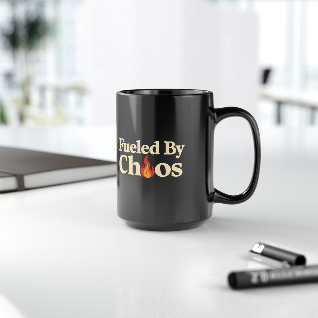 Fueled By Chaos Black Ceramic Mug | Aesthetic Coffee Cup for Entrepreneurs & Busy Lifestyles (11oz, 15oz)