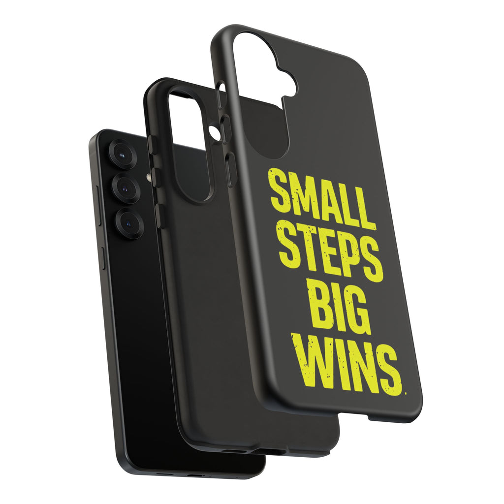Small Steps Big Wins Motivational Phone Case, Inspirational Quote iPhone Case, Tough Samsung Galaxy Case, Minimalist Black Success Cover