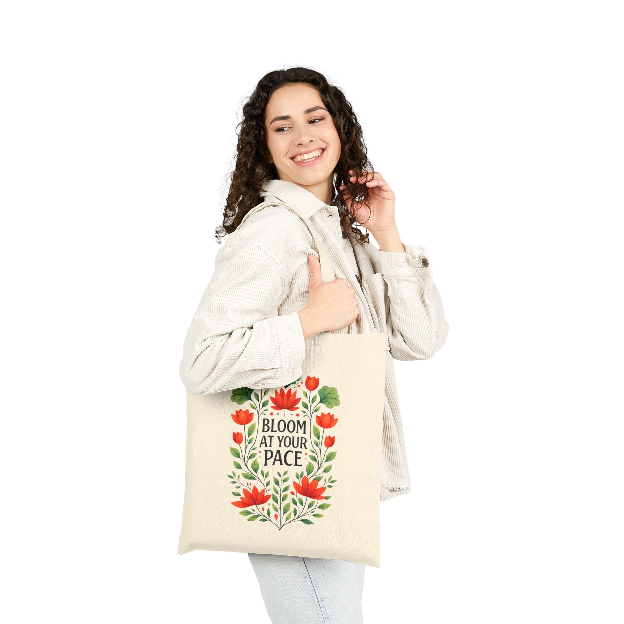 Bloom At Your Pace Tote Bag - Floral Aesthetic Canvas Tote, Motivational Growth Quote Bag, Cute Everyday Eco-Friendly Shopper