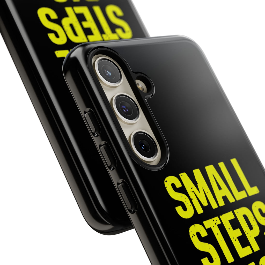 Small Steps Big Wins Motivational Phone Case, Inspirational Quote iPhone Case, Tough Samsung Galaxy Case, Minimalist Black Success Cover