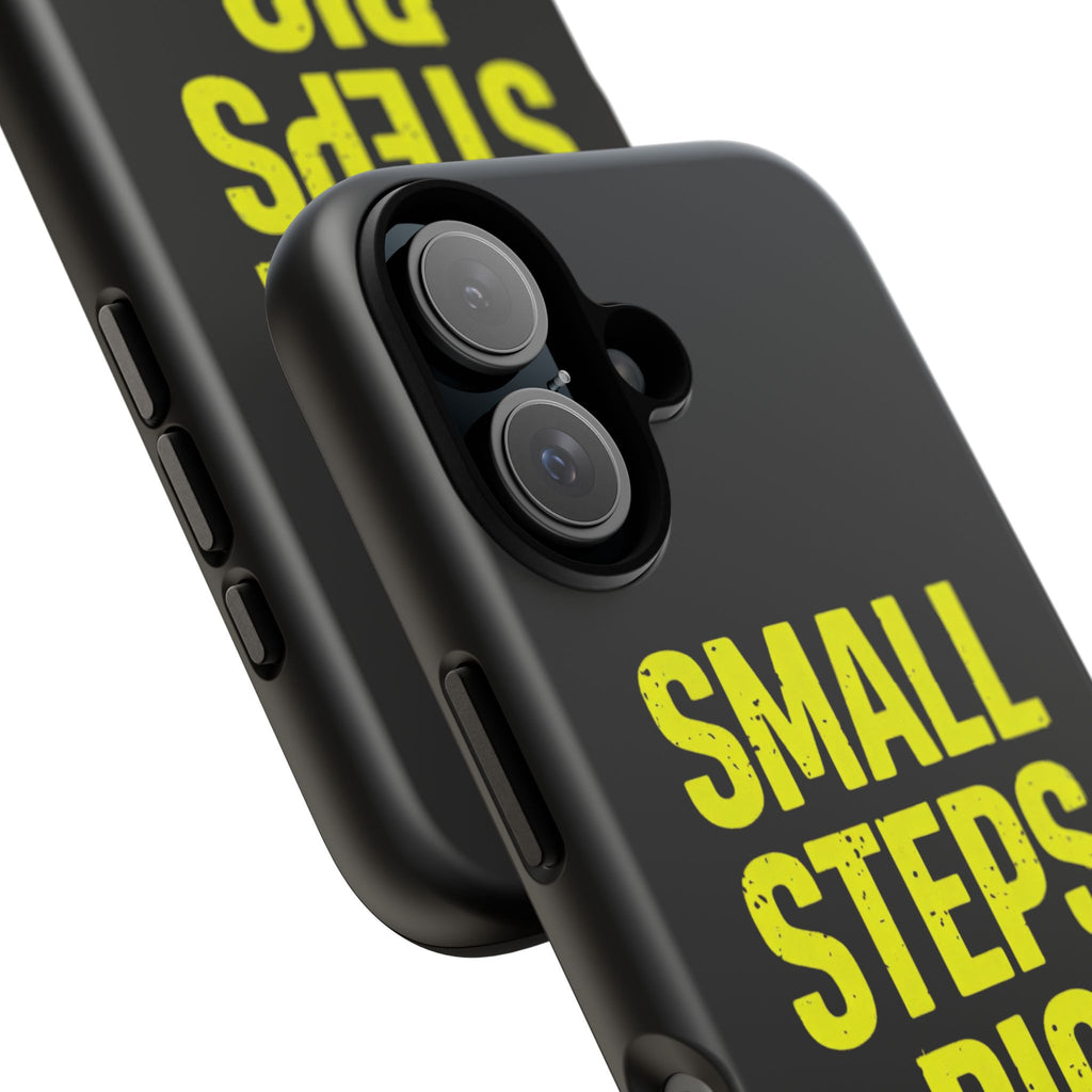 Small Steps Big Wins Motivational Phone Case, Inspirational Quote iPhone Case, Tough Samsung Galaxy Case, Minimalist Black Success Cover