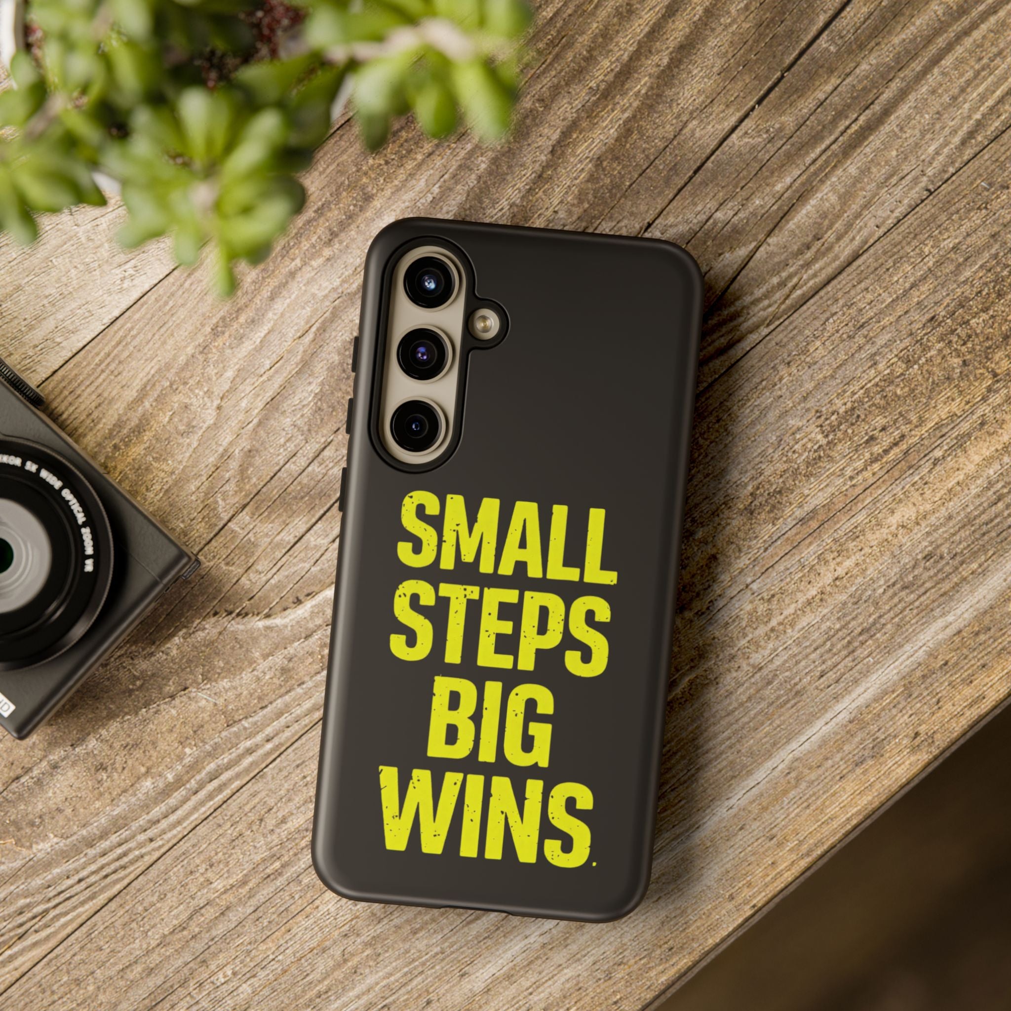 Small Steps Big Wins Motivational Phone Case, Inspirational Quote iPhone Case, Tough Samsung Galaxy Case, Minimalist Black Success Cover