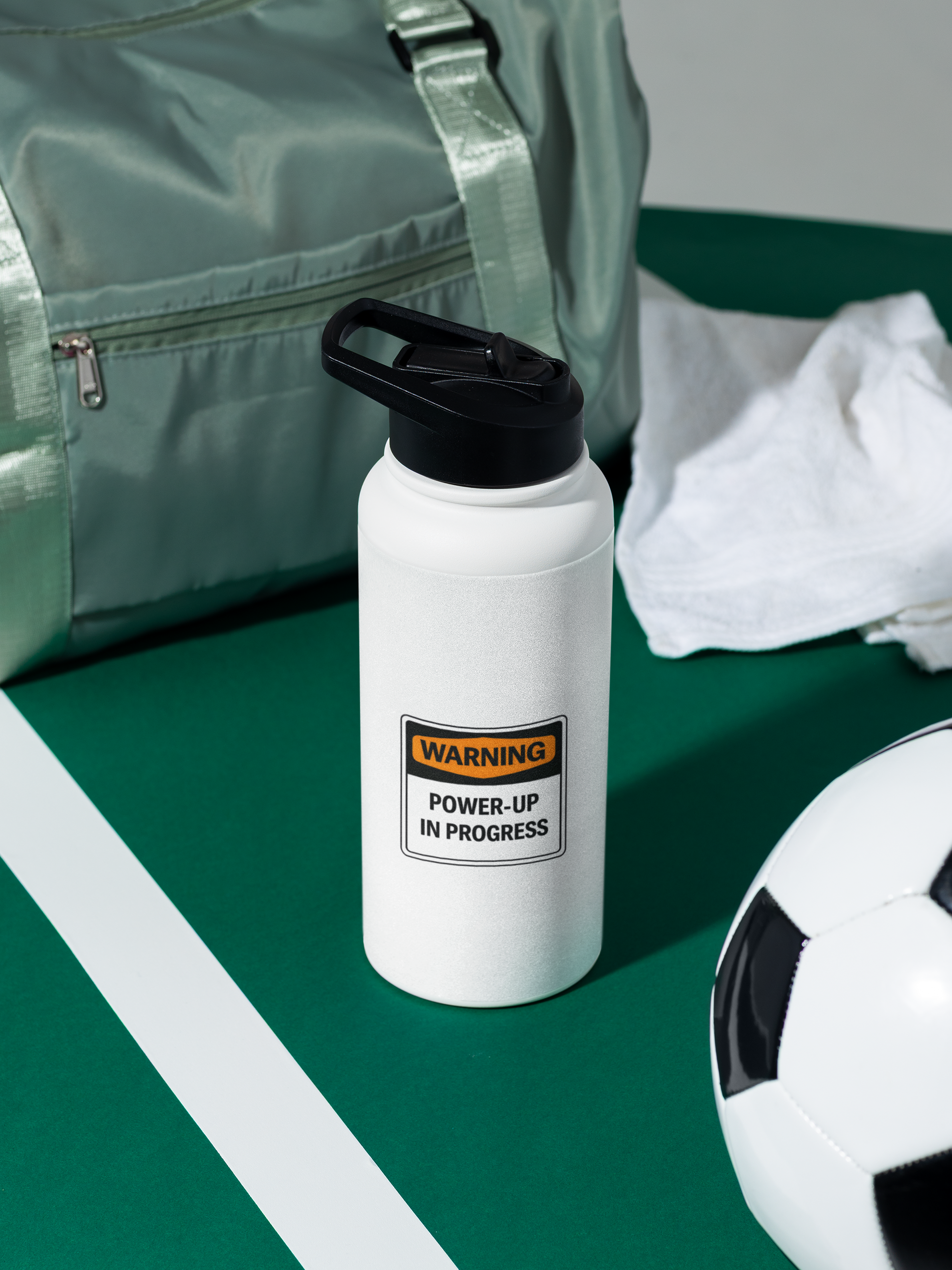 "Power-Up In Progress" Funny Warning Sticker - Waterproof Vinyl Die-Cut Decal for Water Bottles, Laptops, & Gym Gear - Matte Finish Aesthetic