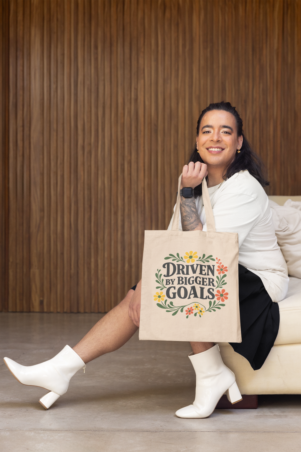 Driven by Bigger Goals Premium Cotton Canvas Tote Bag - Retro Floral Aesthetic