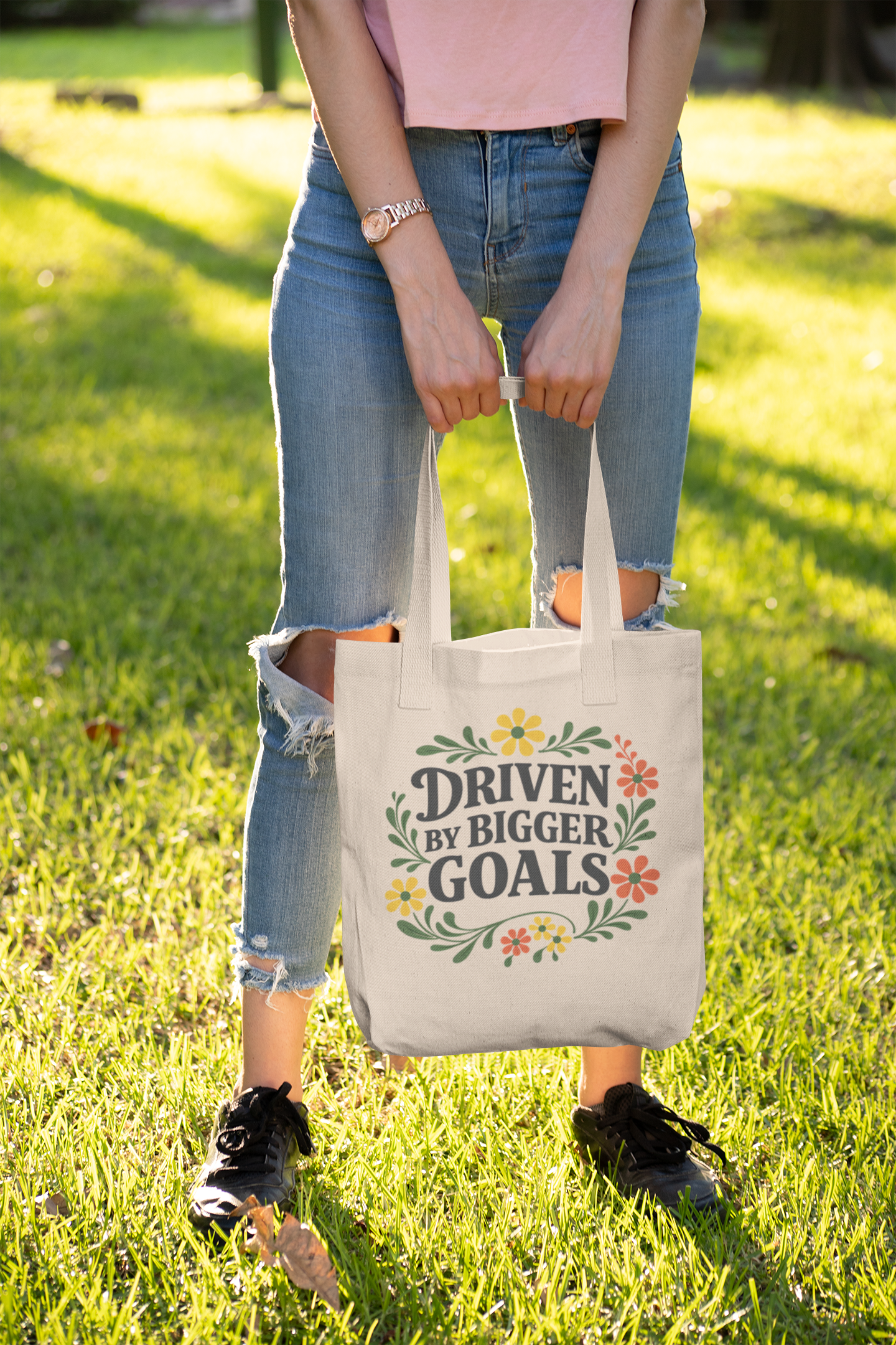 Driven by Bigger Goals Premium Cotton Canvas Tote Bag - Retro Floral Aesthetic