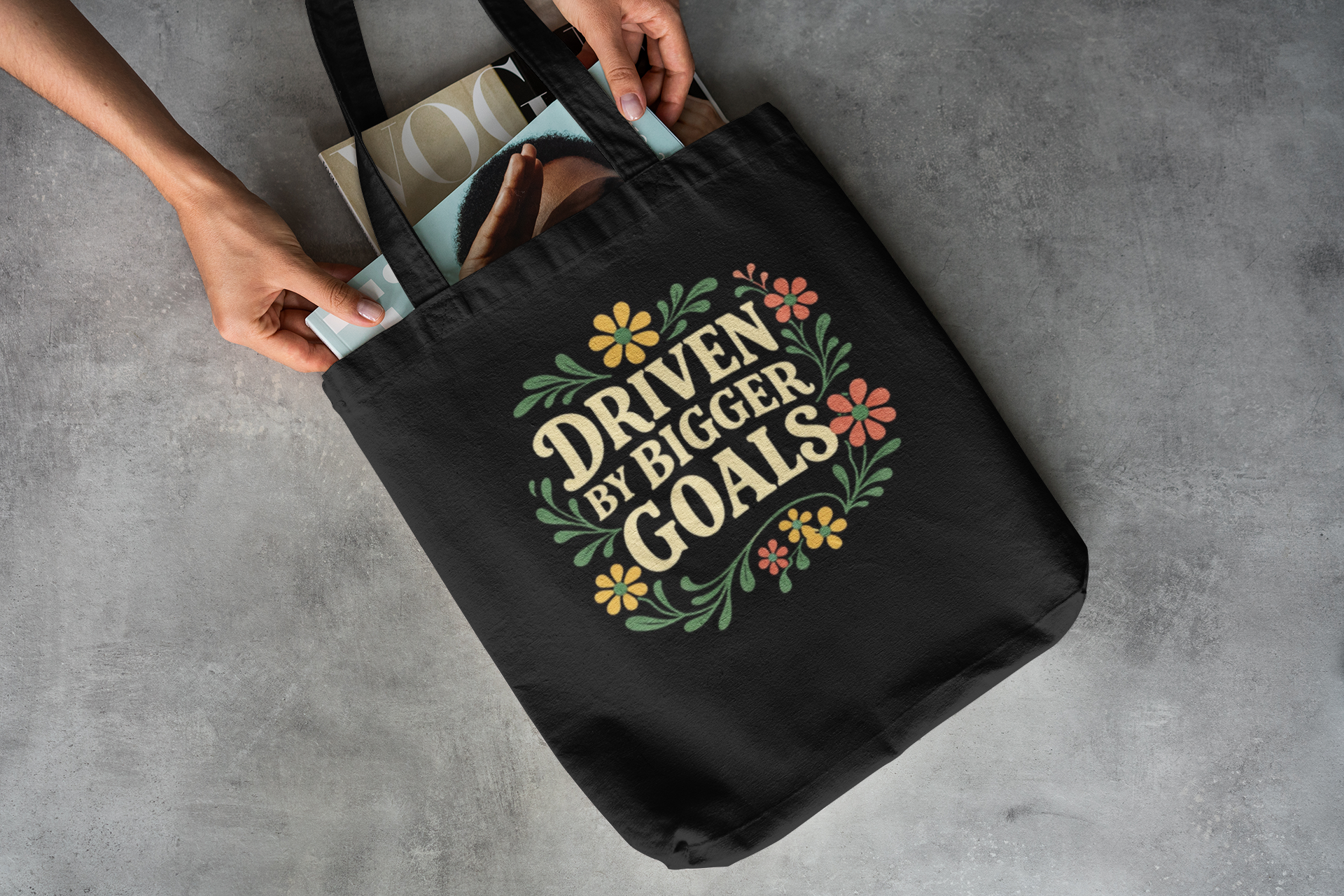 Driven by Bigger Goals Premium Cotton Canvas Tote Bag - Retro Floral Aesthetic