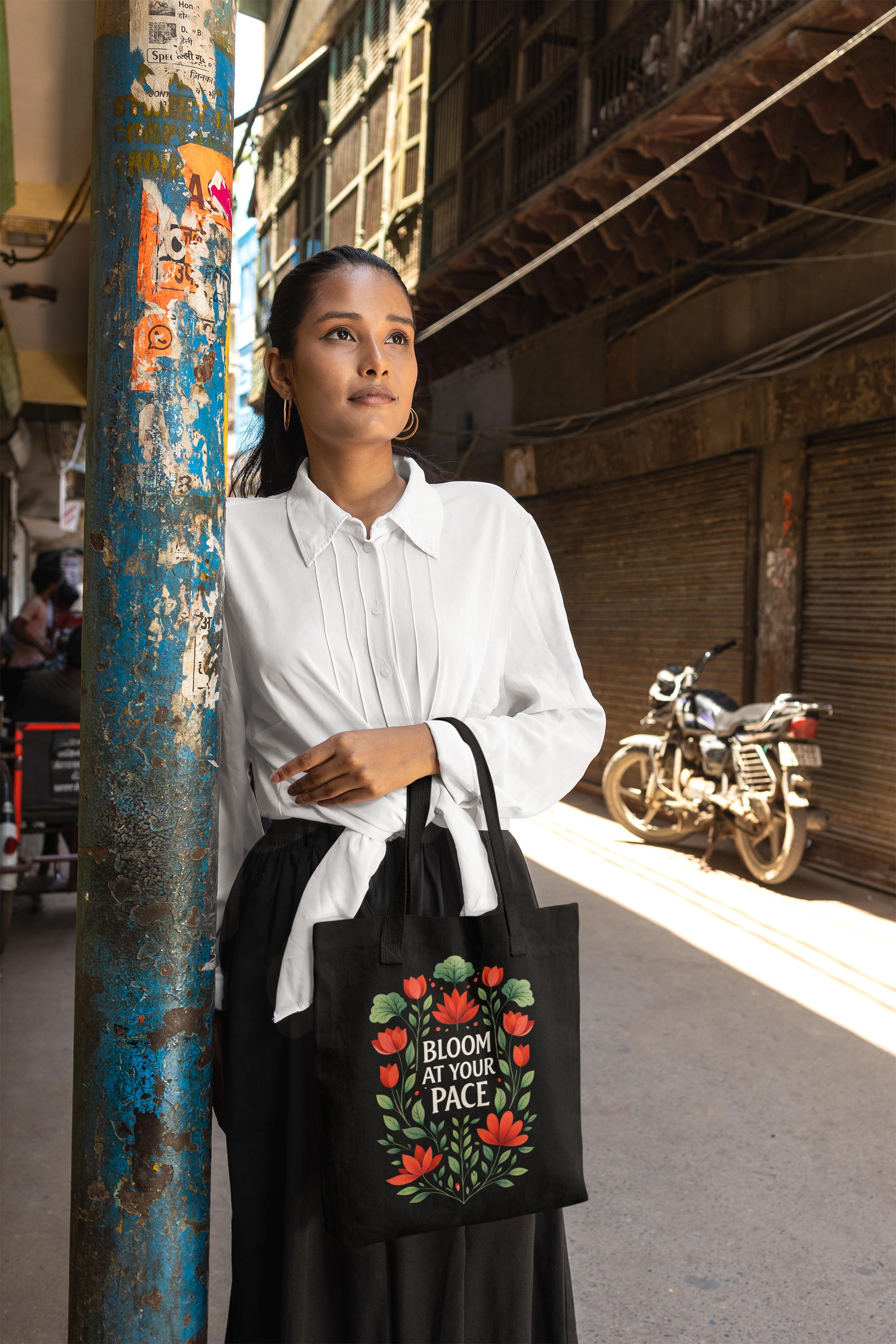 Bloom At Your Pace Tote Bag - Floral Aesthetic Canvas Tote, Motivational Growth Quote Bag, Cute Everyday Eco-Friendly Shopper