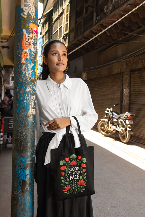 Bloom At Your Pace Tote Bag - Floral Aesthetic Canvas Tote, Motivational Growth Quote Bag, Cute Everyday Eco-Friendly Shopper