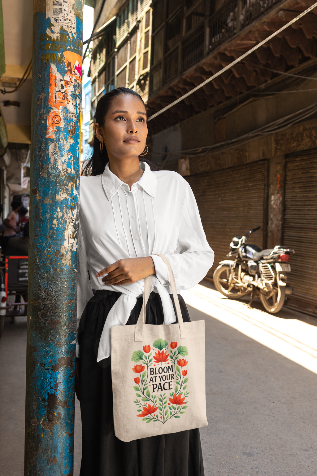 Bloom At Your Pace Tote Bag - Floral Aesthetic Canvas Tote, Motivational Growth Quote Bag, Cute Everyday Eco-Friendly Shopper