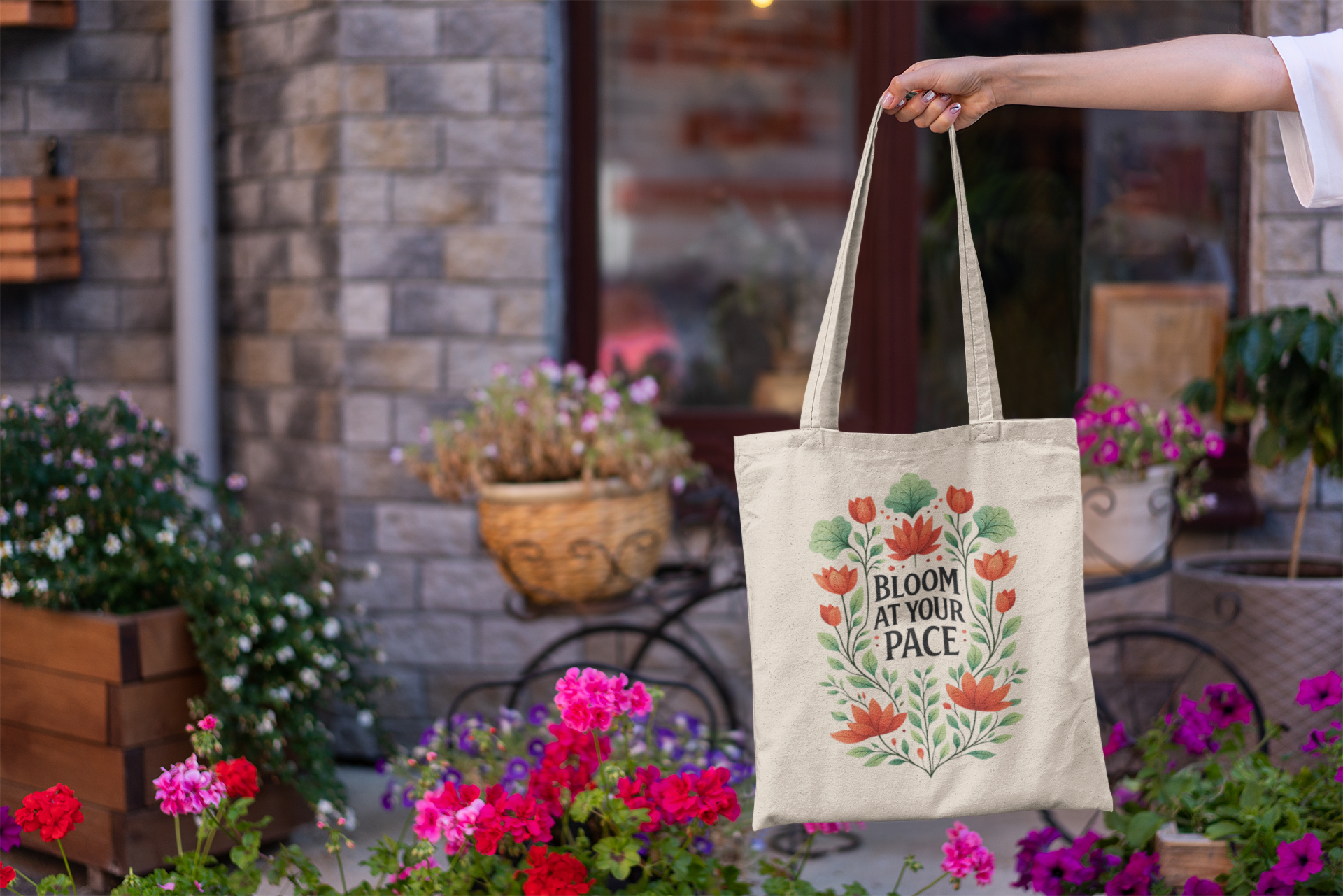 Bloom At Your Pace Tote Bag - Floral Aesthetic Canvas Tote, Motivational Growth Quote Bag, Cute Everyday Eco-Friendly Shopper