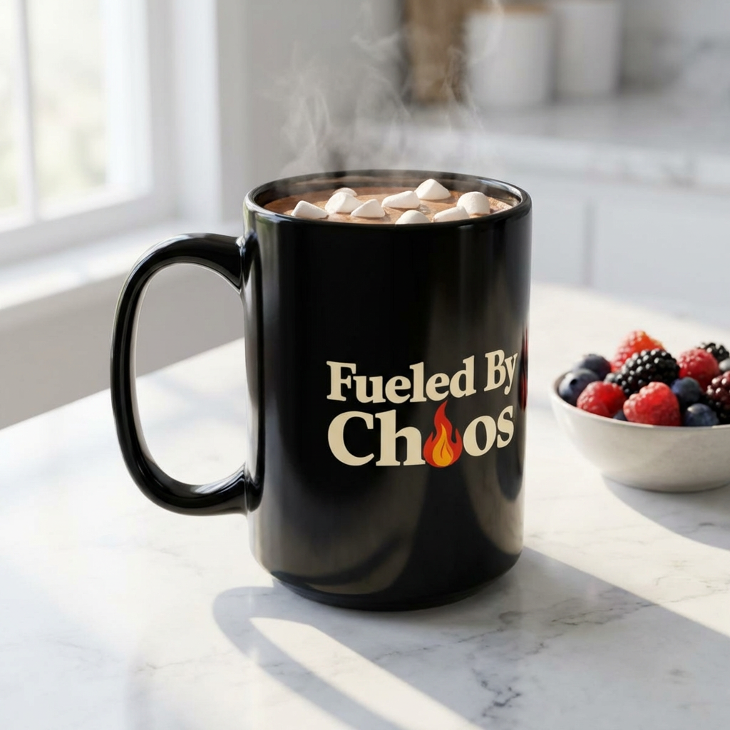 Fueled By Chaos Black Ceramic Mug | Aesthetic Coffee Cup for Entrepreneurs & Busy Lifestyles (11oz, 15oz)