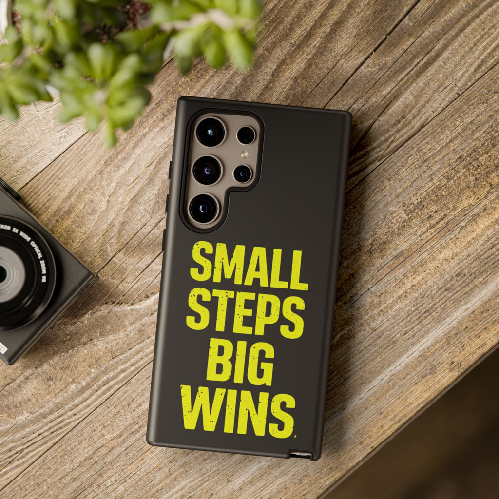 Small Steps Big Wins Motivational Phone Case, Inspirational Quote iPhone Case, Tough Samsung Galaxy Case, Minimalist Black Success Cover