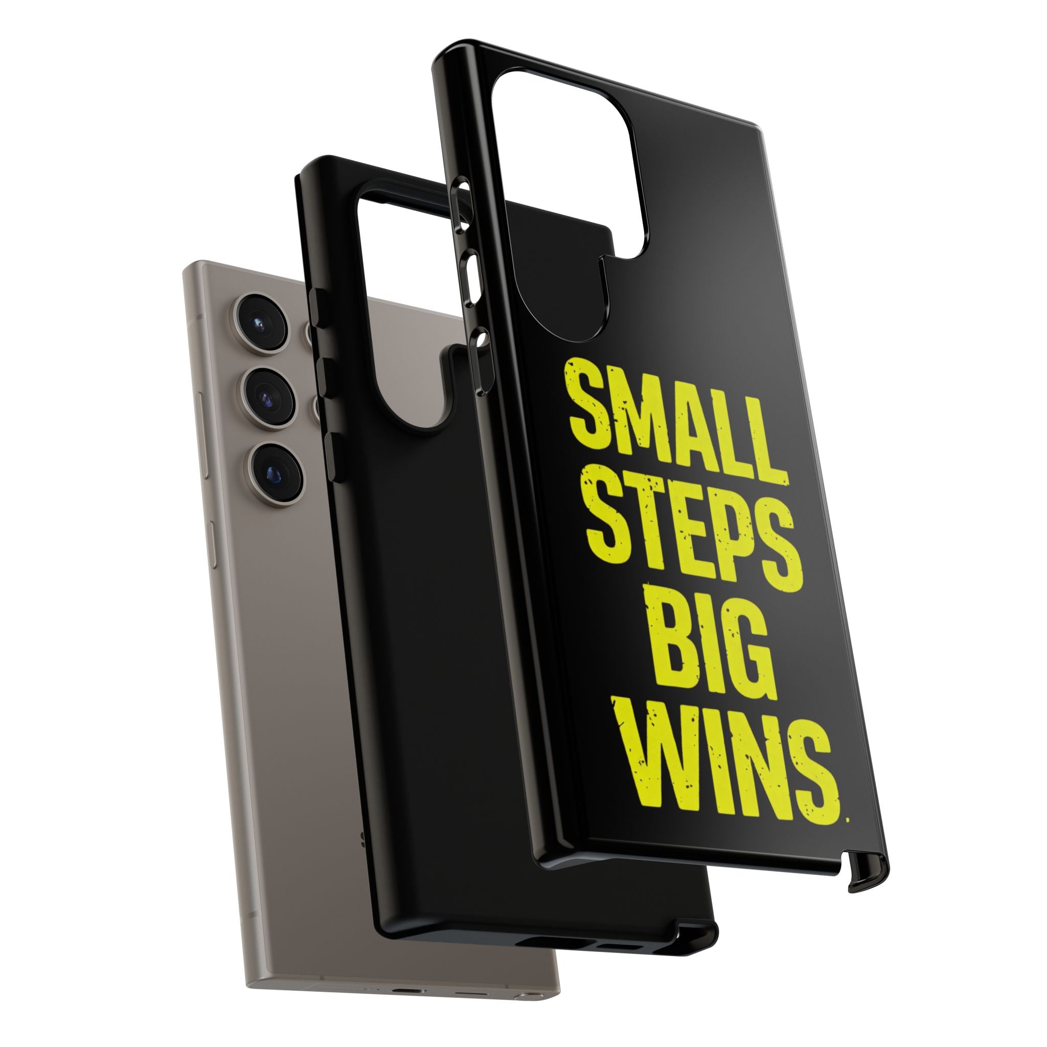 Small Steps Big Wins Motivational Phone Case, Inspirational Quote iPhone Case, Tough Samsung Galaxy Case, Minimalist Black Success Cover