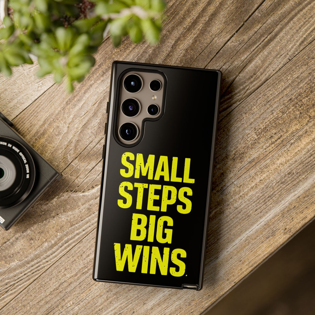 Small Steps Big Wins Motivational Phone Case, Inspirational Quote iPhone Case, Tough Samsung Galaxy Case, Minimalist Black Success Cover
