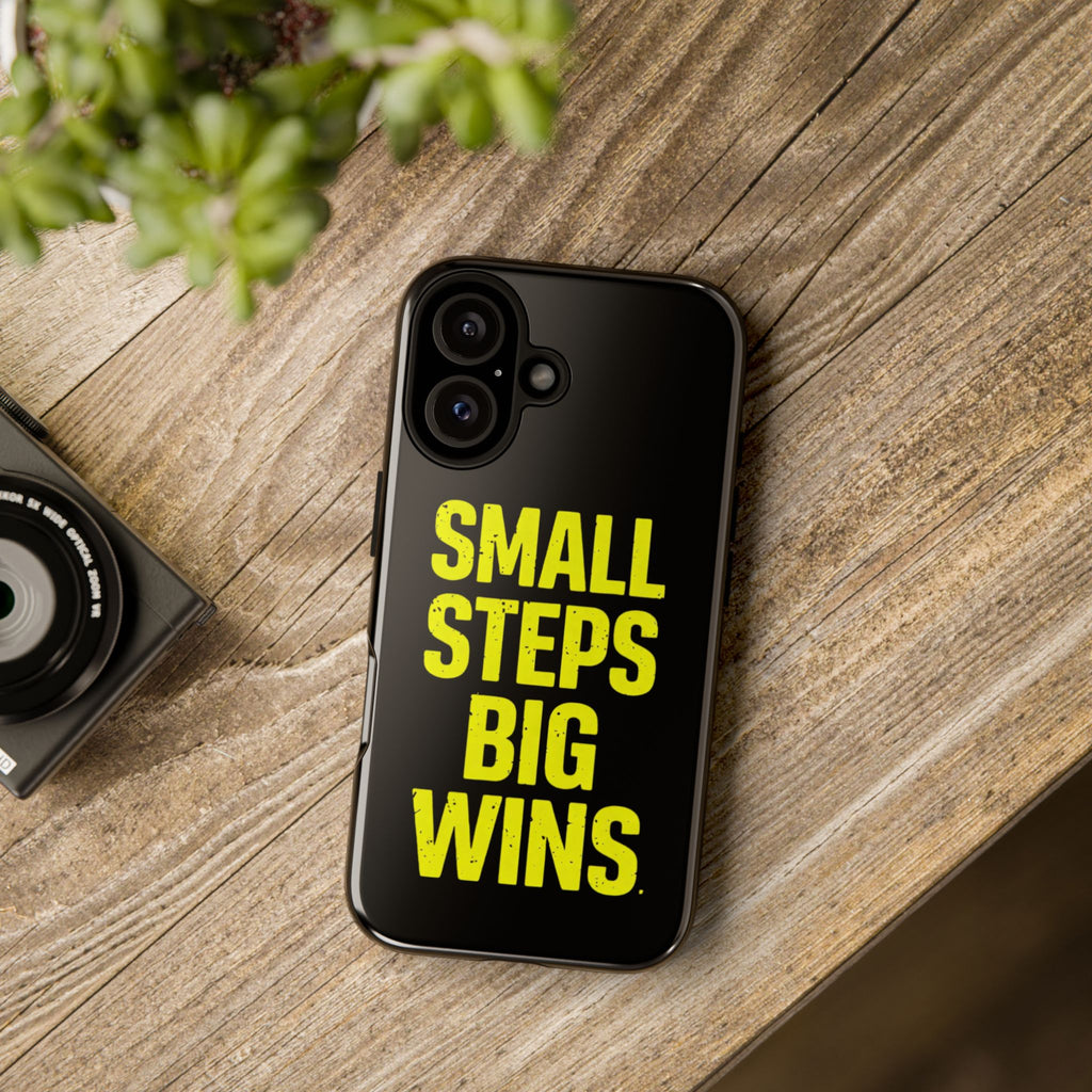 Small Steps Big Wins Motivational Phone Case, Inspirational Quote iPhone Case, Tough Samsung Galaxy Case, Minimalist Black Success Cover