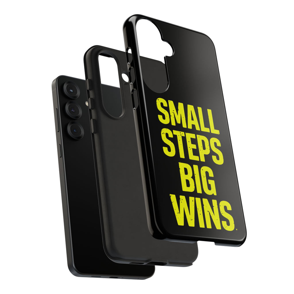 Small Steps Big Wins Motivational Phone Case, Inspirational Quote iPhone Case, Tough Samsung Galaxy Case, Minimalist Black Success Cover