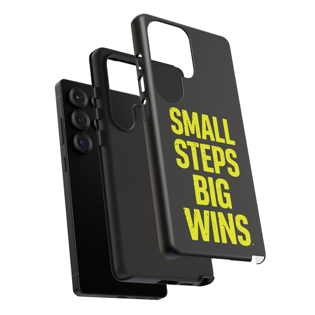 Small Steps Big Wins Motivational Phone Case, Inspirational Quote iPhone Case, Tough Samsung Galaxy Case, Minimalist Black Success Cover