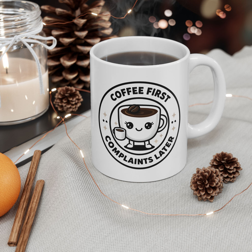 Coffee First, Complaints Later Mug | Funny Coffee Lover Gift, Cute Kawaii Coffee Cup Design, Morning Motivation Mug, Office Humor Cup