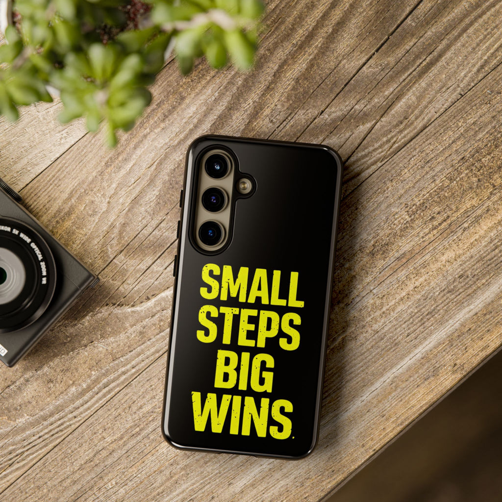 Small Steps Big Wins Motivational Phone Case, Inspirational Quote iPhone Case, Tough Samsung Galaxy Case, Minimalist Black Success Cover