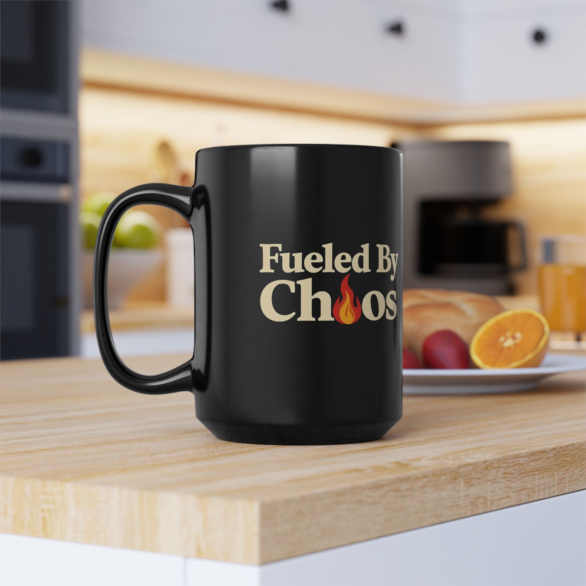 Fueled By Chaos Black Ceramic Mug | Aesthetic Coffee Cup for Entrepreneurs & Busy Lifestyles (11oz, 15oz)