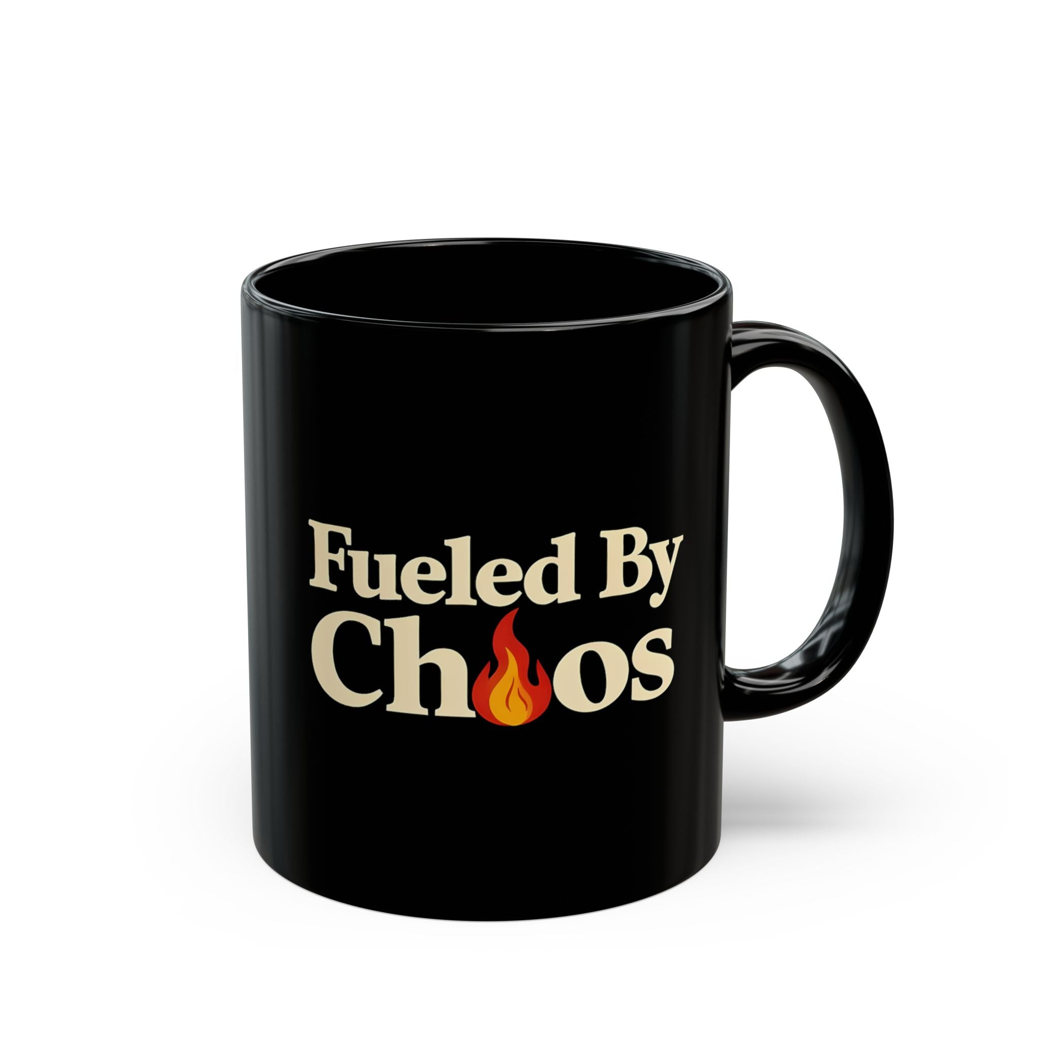 Fueled By Chaos Black Ceramic Mug | Aesthetic Coffee Cup for Entrepreneurs & Busy Lifestyles (11oz, 15oz)