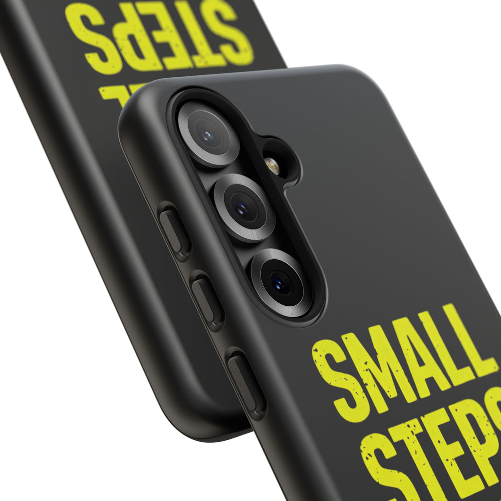 Small Steps Big Wins Motivational Phone Case, Inspirational Quote iPhone Case, Tough Samsung Galaxy Case, Minimalist Black Success Cover