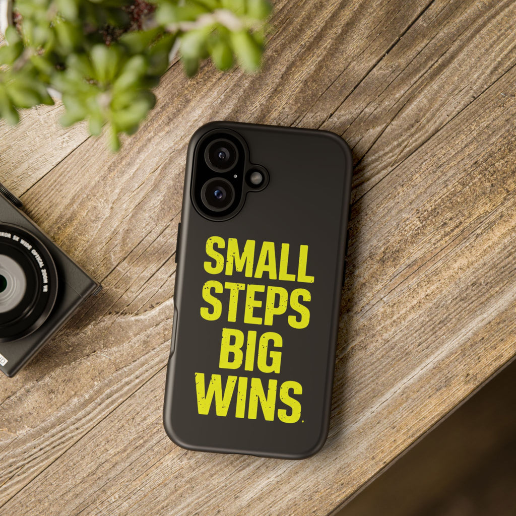 Small Steps Big Wins Motivational Phone Case, Inspirational Quote iPhone Case, Tough Samsung Galaxy Case, Minimalist Black Success Cover