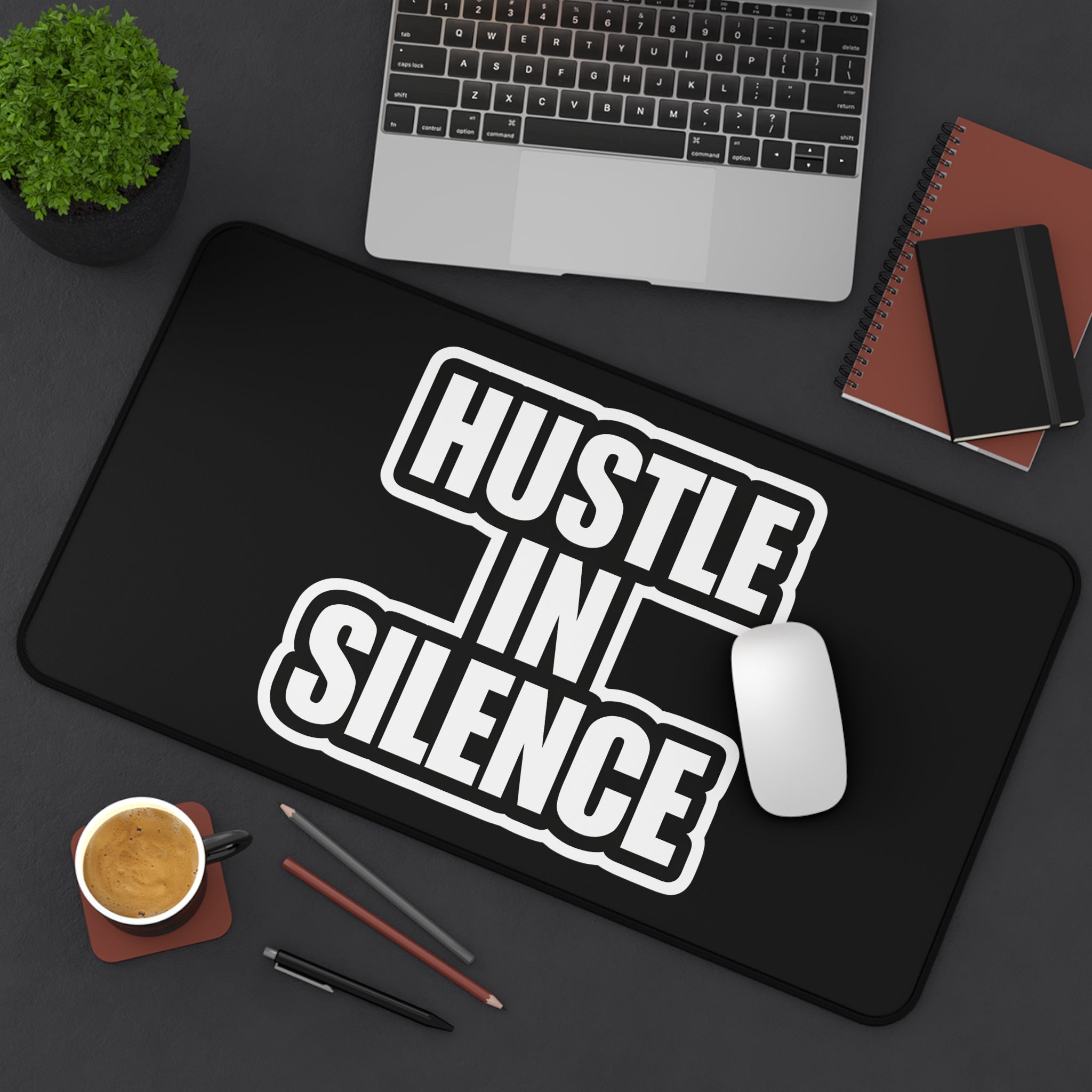 Hustle in Silence Desk Mat – Motivational Office Desk Pad – Entrepreneur Workspace Mouse Pad – Gaming Desk Mat – Productivity Desk Setup