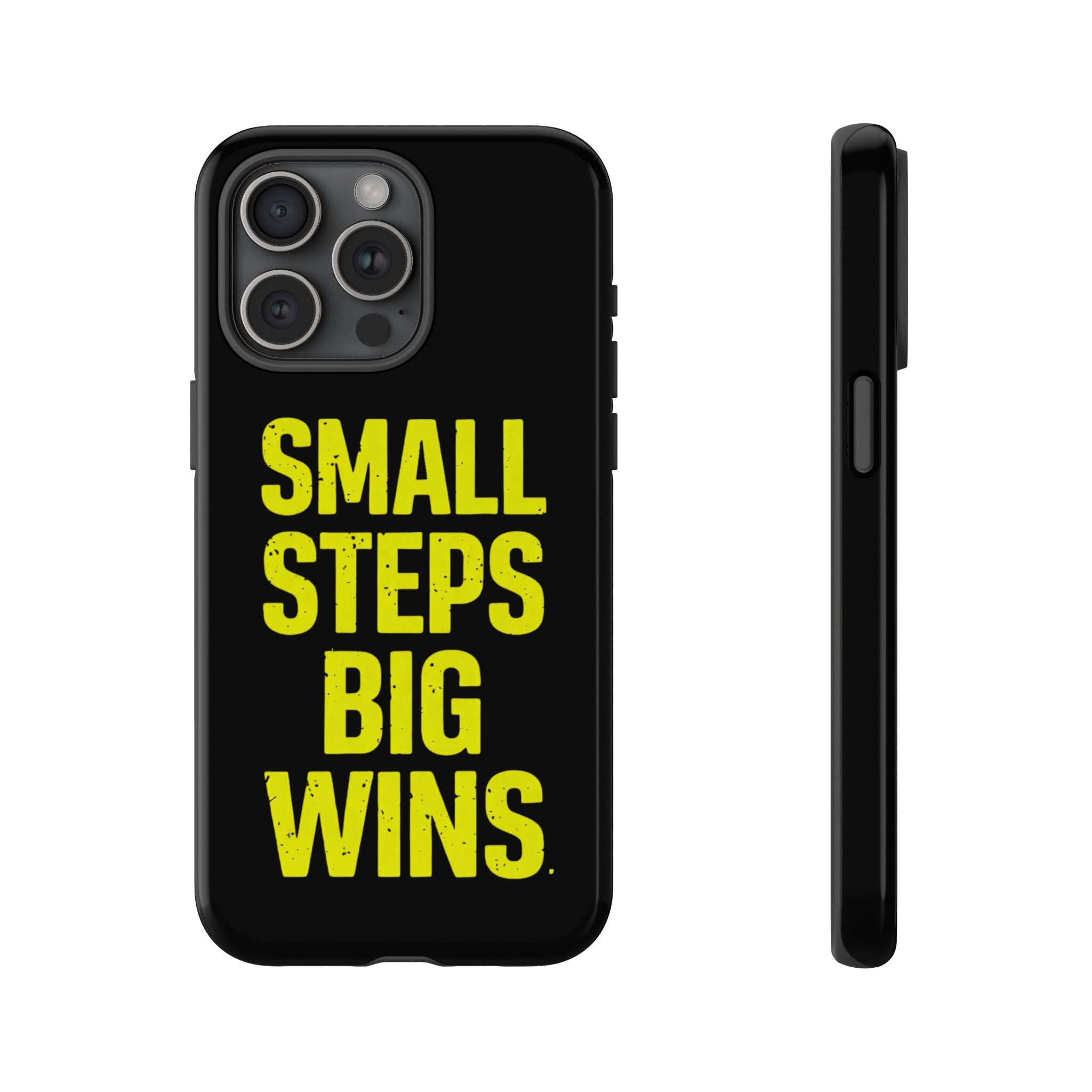 Small Steps Big Wins Motivational Phone Case, Inspirational Quote iPhone Case, Tough Samsung Galaxy Case, Minimalist Black Success Cover