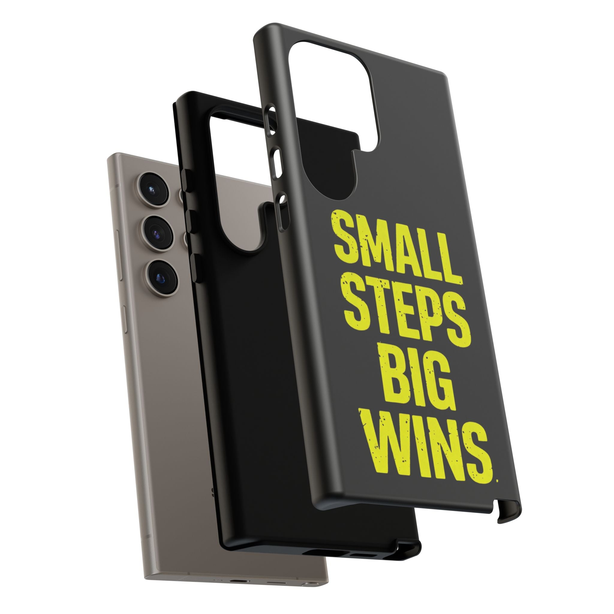 Small Steps Big Wins Motivational Phone Case, Inspirational Quote iPhone Case, Tough Samsung Galaxy Case, Minimalist Black Success Cover