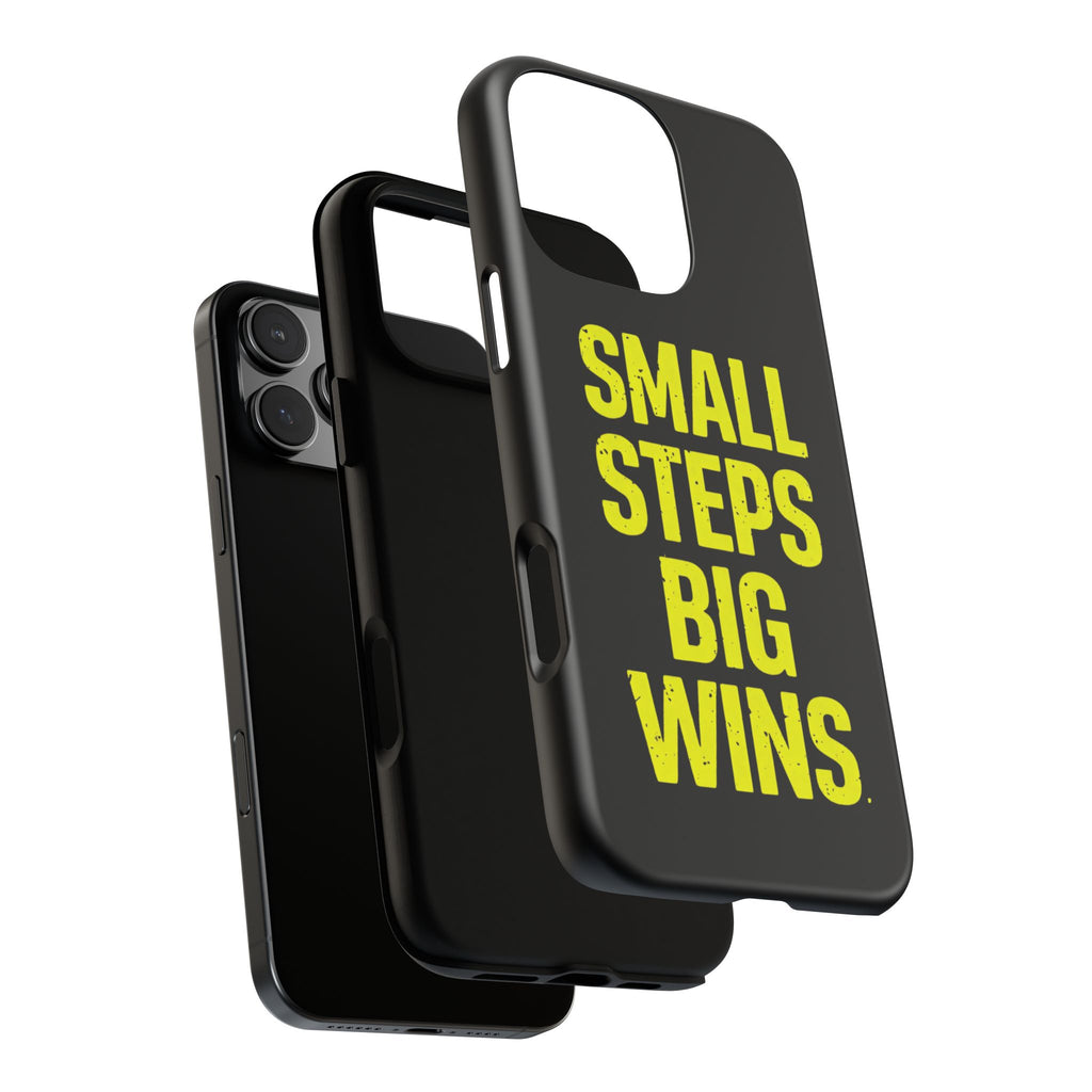Small Steps Big Wins Motivational Phone Case, Inspirational Quote iPhone Case, Tough Samsung Galaxy Case, Minimalist Black Success Cover