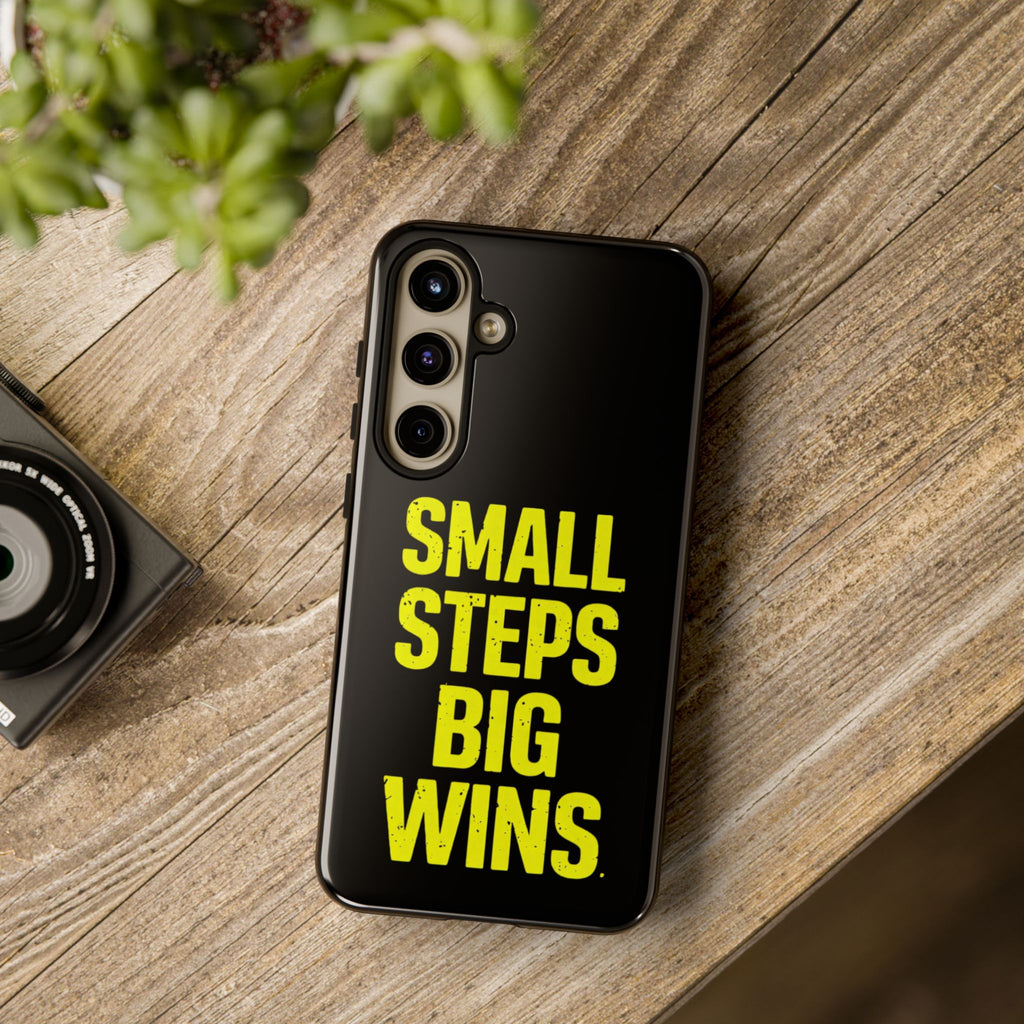 Small Steps Big Wins Motivational Phone Case, Inspirational Quote iPhone Case, Tough Samsung Galaxy Case, Minimalist Black Success Cover