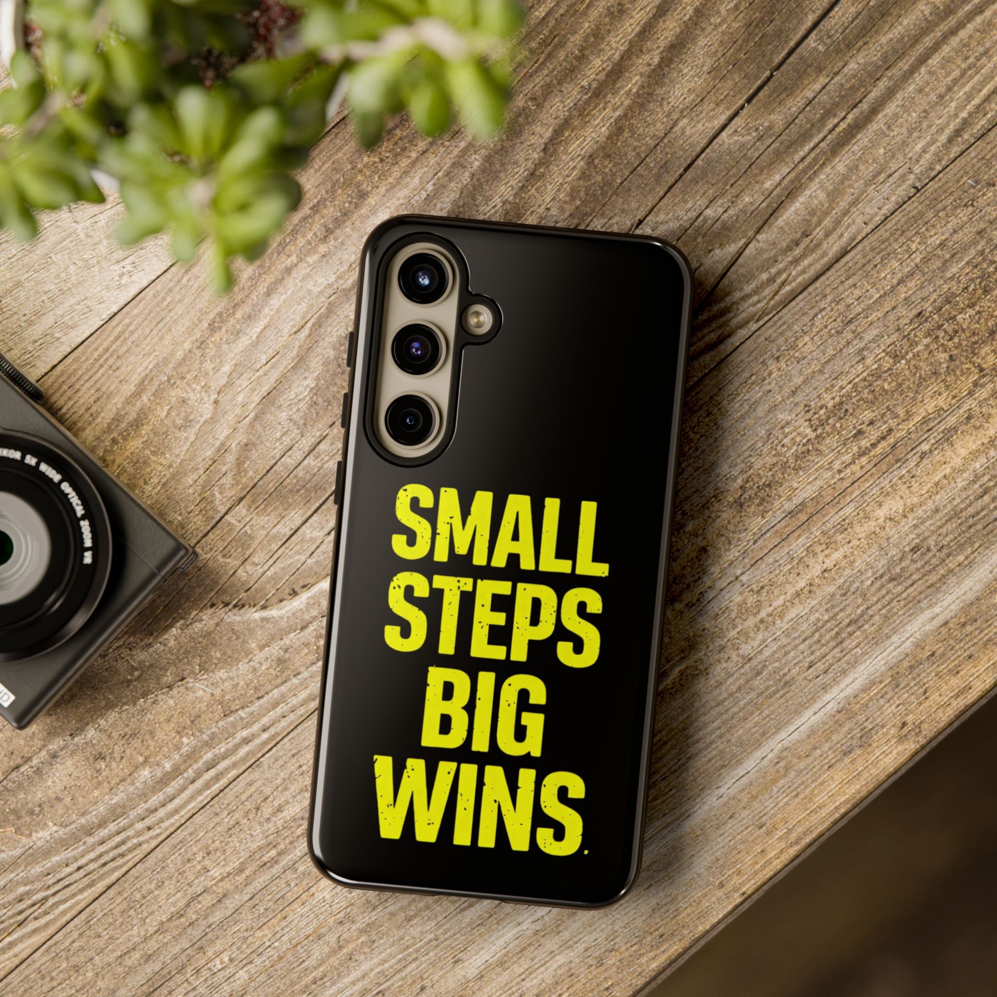 Small Steps Big Wins Motivational Phone Case, Inspirational Quote iPhone Case, Tough Samsung Galaxy Case, Minimalist Black Success Cover